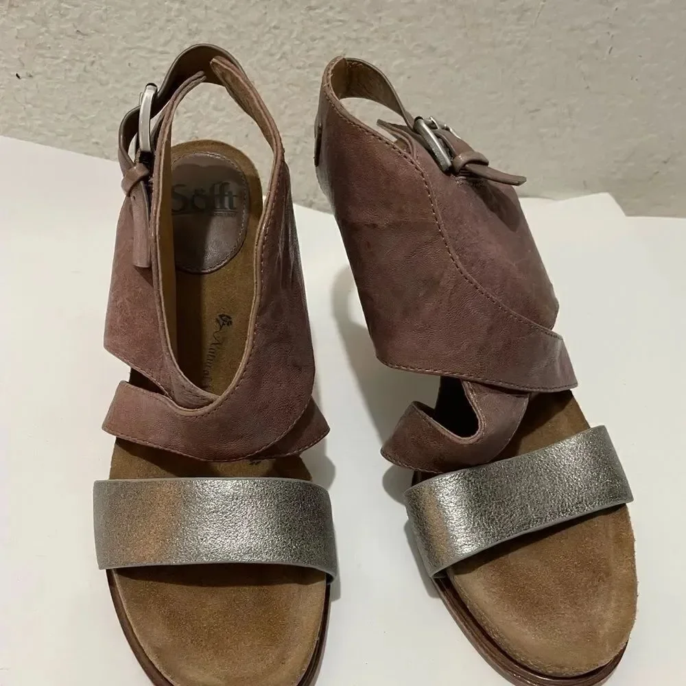 SOFFT Christine Platform Stacked Heel Leather Sandals Beta Gray Anthracite Sz 9